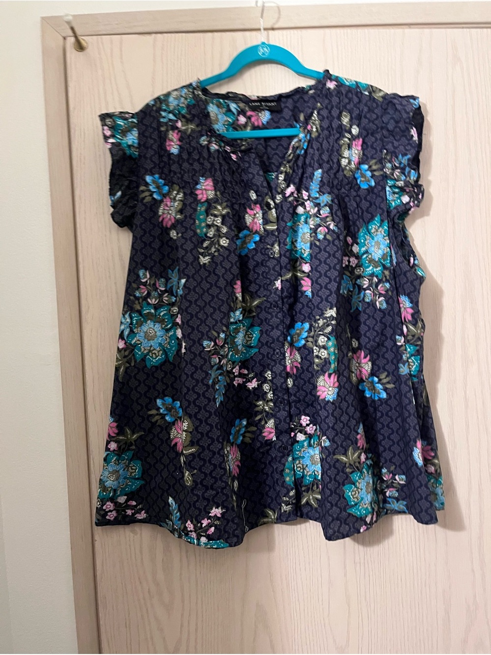 Lane Bryant Navy Floral Flutter-Sleeve Blouse